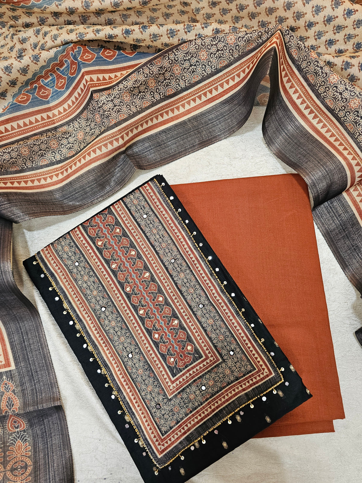 Semi Tussar Silk Unstitched Salwar - Black with Brown