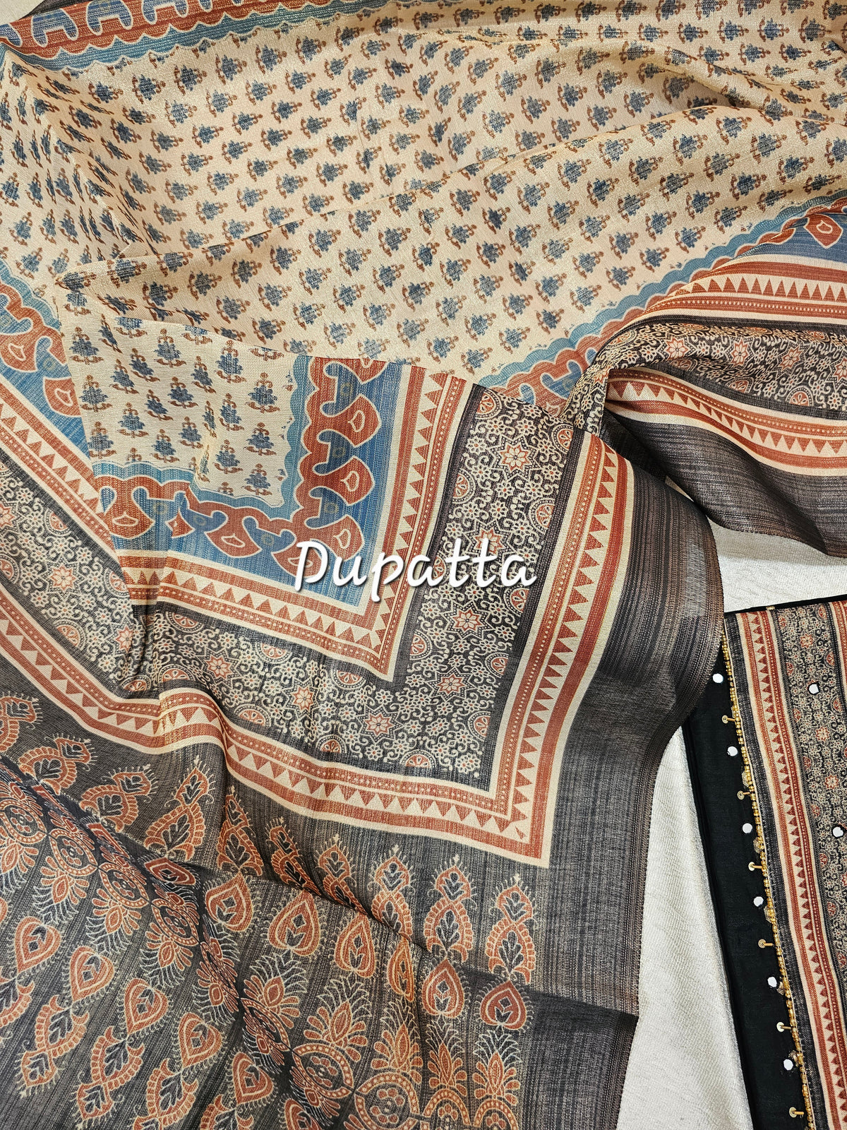 Semi Tussar Silk Unstitched Salwar - Black with Brown