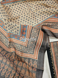 Semi Tussar Silk Unstitched Salwar - Black with Brown