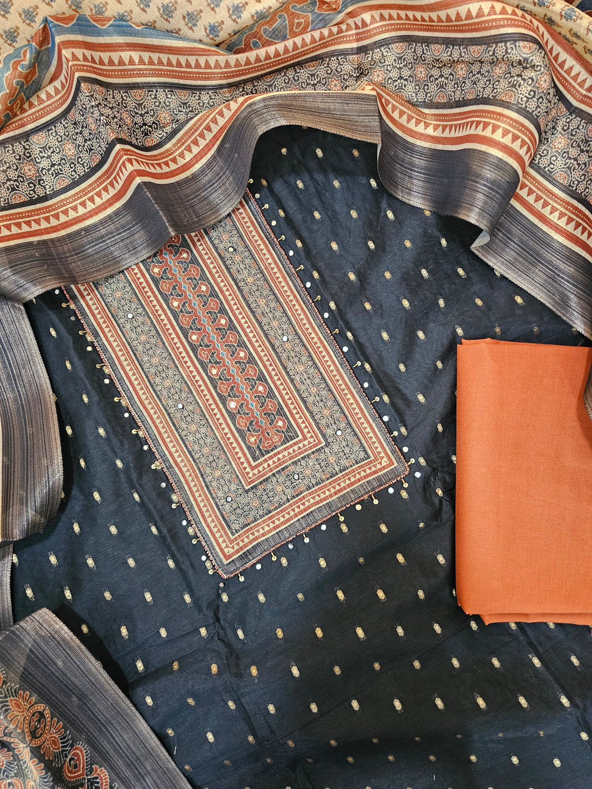 Semi Tussar Silk Unstitched Salwar - Black with Brown