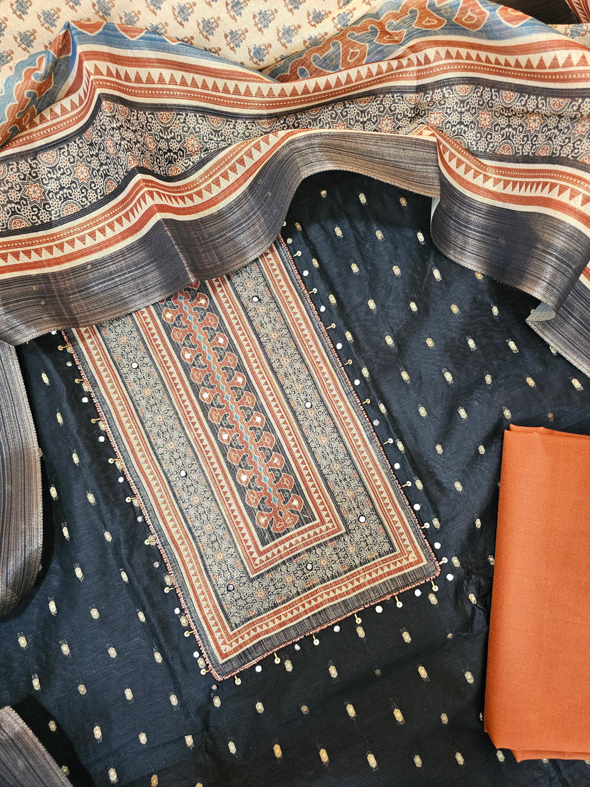 Semi Tussar Silk Unstitched Salwar - Black with Brown