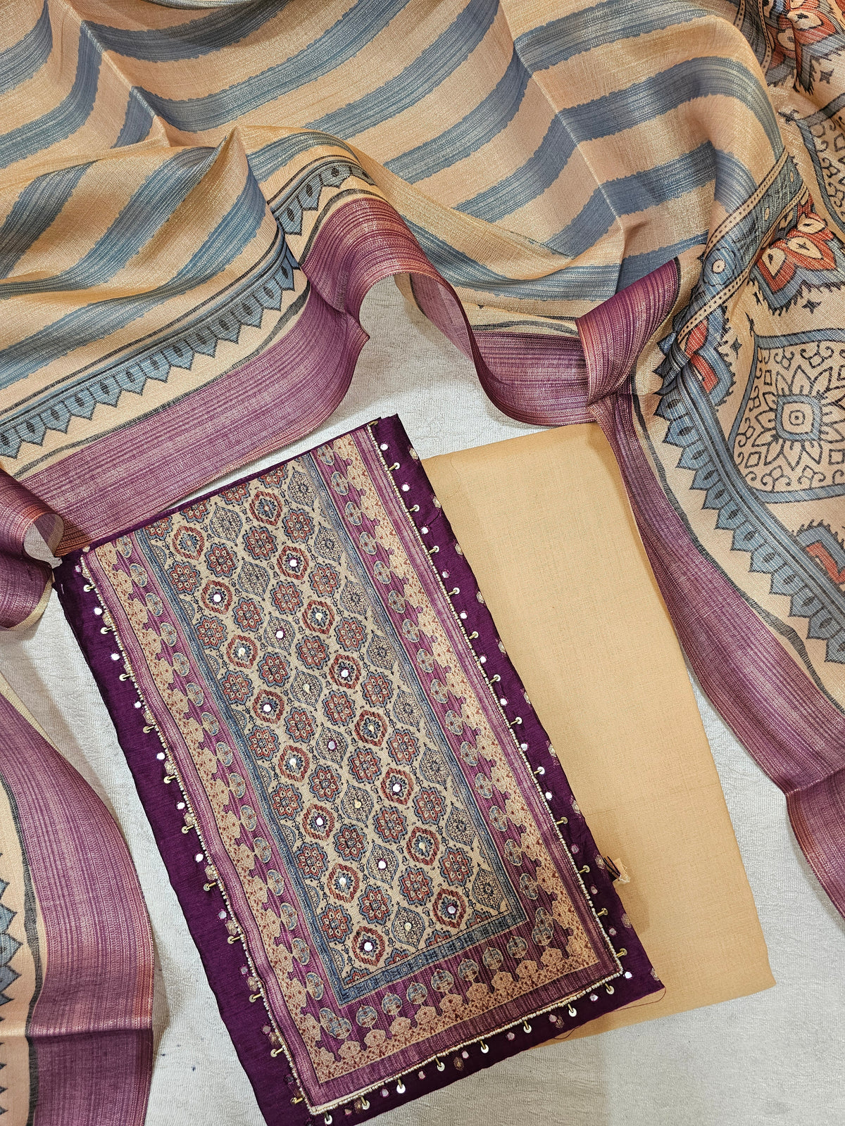 Semi Tussar Silk Unstitched Salwar - Dark Purple with Beige