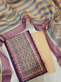 Semi Tussar Silk Unstitched Salwar - Dark Purple with Beige