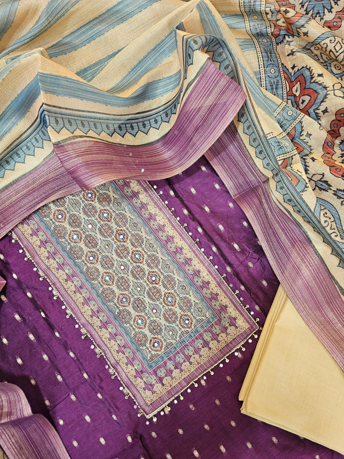 Semi Tussar Silk Unstitched Salwar - Dark Purple with Beige