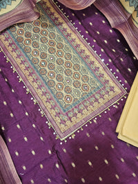 Semi Tussar Silk Unstitched Salwar - Dark Purple with Beige