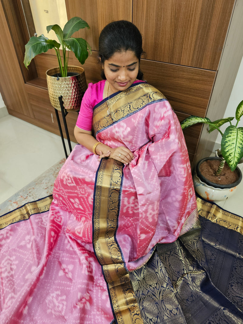 Fusion Pochampally with Kanchi Border Pure Handloom Soft Silk Saree - Onion Pink with Blue Border