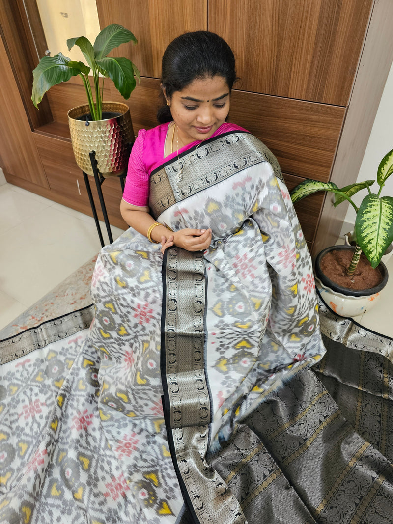 Fusion Pochampally with Kanchi Border Pure Handloom Soft Silk Saree - White with Black