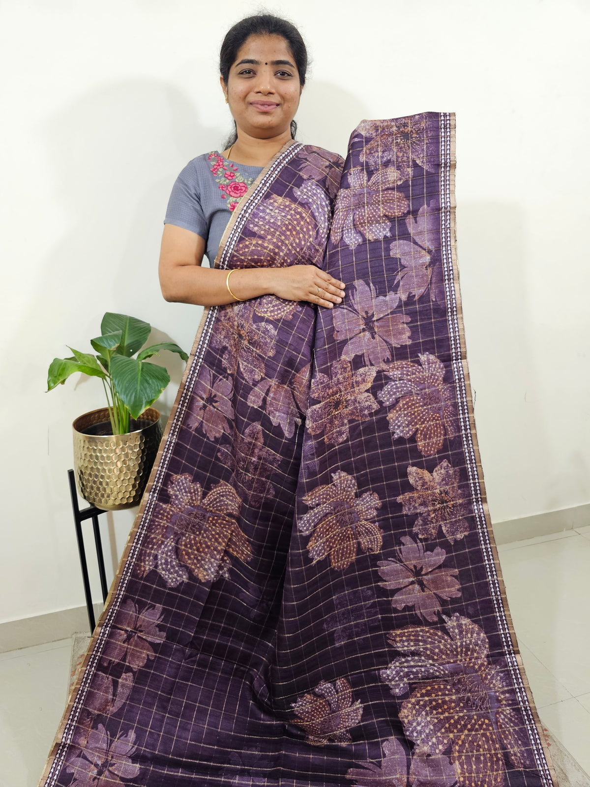 Semi Tussar Checks with Floral Prints - Dark Purple