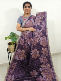 Semi Tussar Checks with Floral Prints - Dark Purple