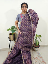 Semi Tussar Checks with Floral Prints - Dark Purple