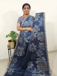 Semi Tussar Checks with Floral Prints - Dark Peacock Blue