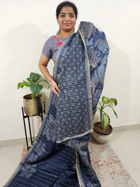 Semi Tussar Checks with Floral Prints - Dark Peacock Blue