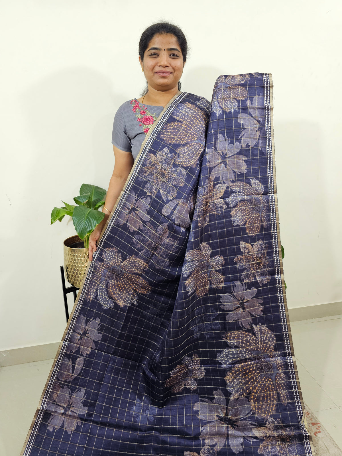 Semi Tussar Checks with Floral Prints - Dark Violet