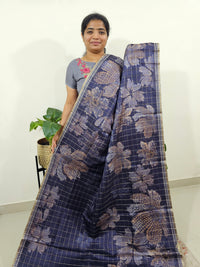 Semi Tussar Checks with Floral Prints - Dark Violet