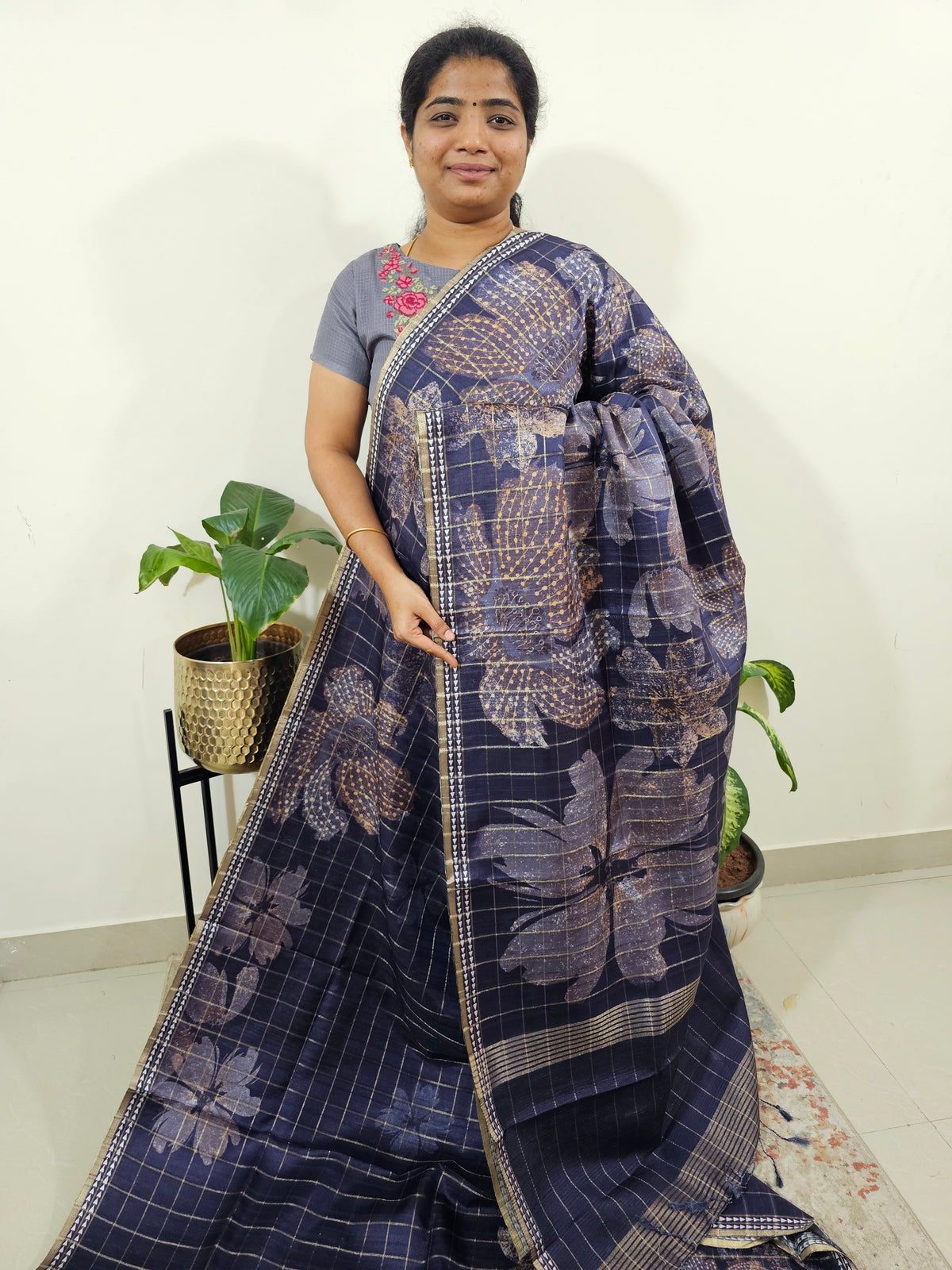 Semi Tussar Checks with Floral Prints - Dark Violet