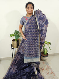 Semi Tussar Checks with Floral Prints - Dark Violet