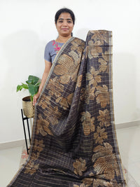 Semi Tussar Checks with Floral Prints - Black