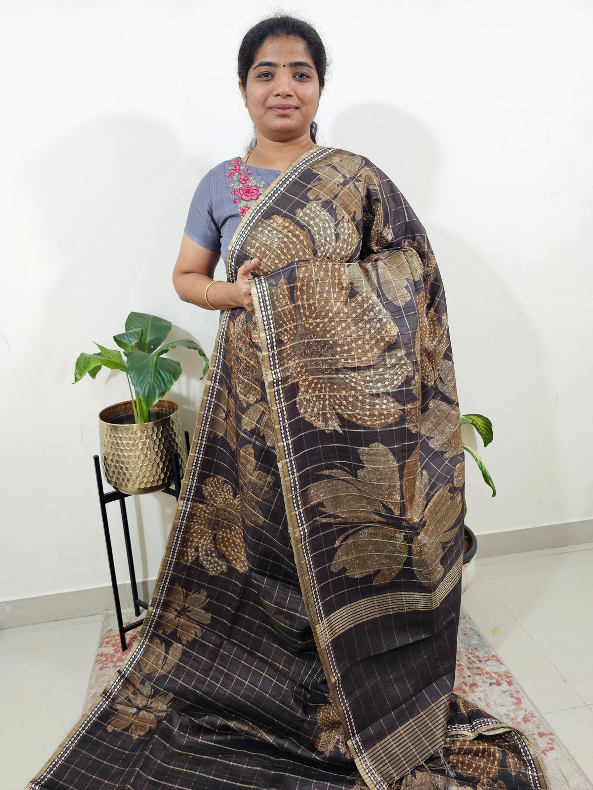 Semi Tussar Checks with Floral Prints - Black