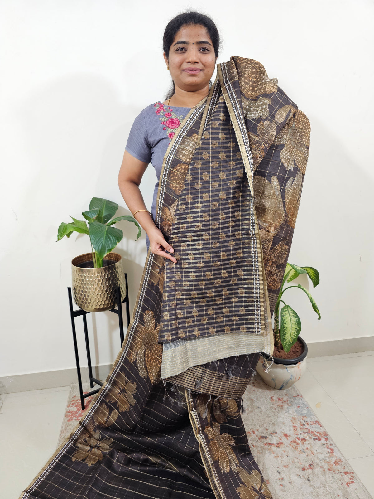 Semi Tussar Checks with Floral Prints - Black