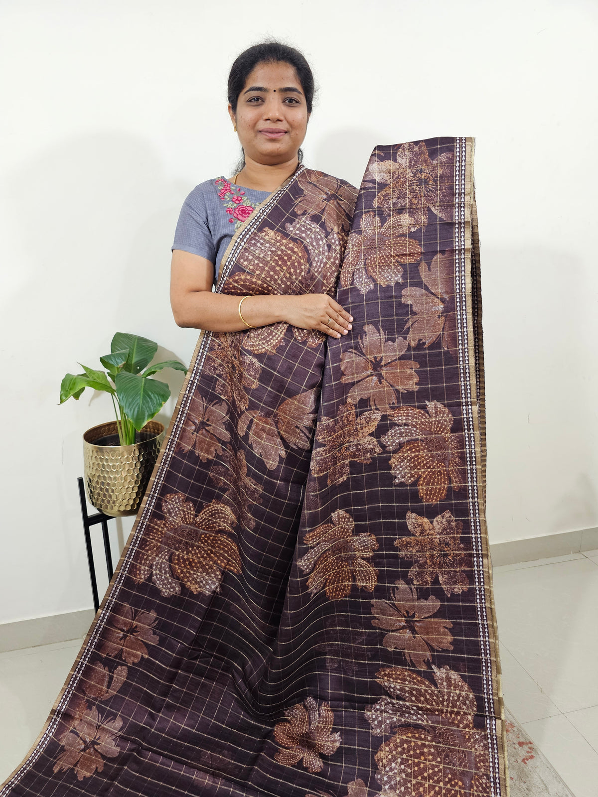 Semi Tussar Checks with Floral Prints - Dark Brown