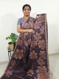 Semi Tussar Checks with Floral Prints - Dark Brown