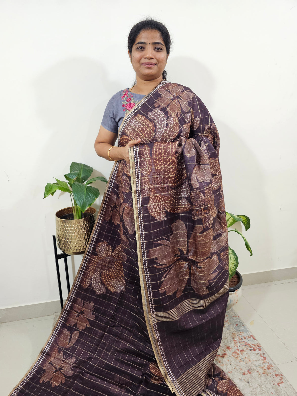 Semi Tussar Checks with Floral Prints - Dark Brown