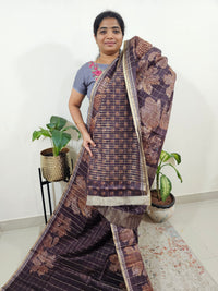 Semi Tussar Checks with Floral Prints - Dark Brown