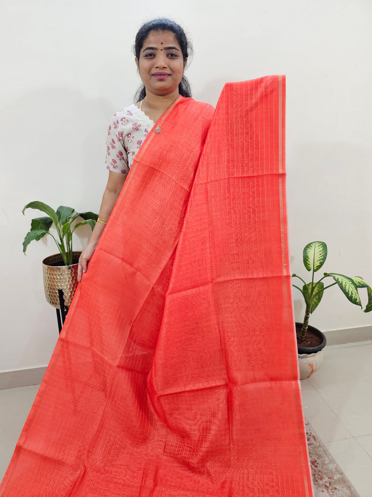 Chanderi Saree with Zari Border - Dark Orange