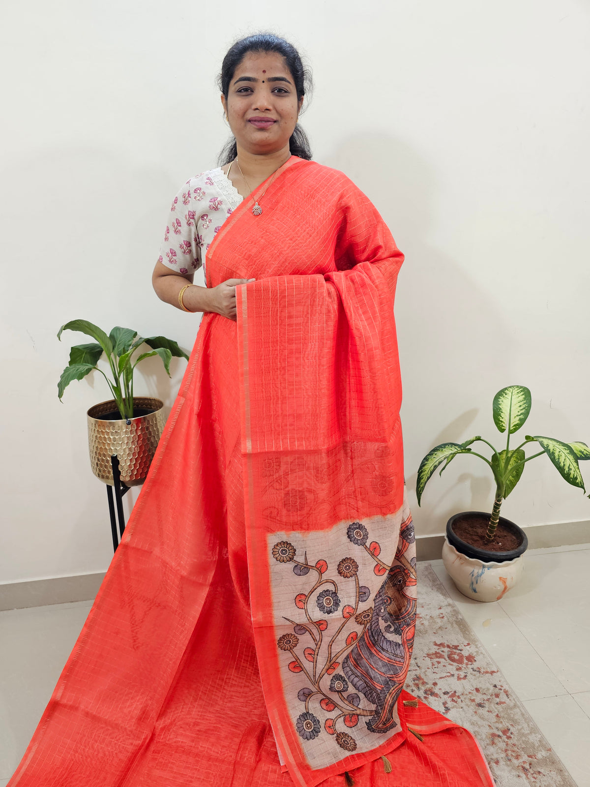 Chanderi Saree with Zari Border - Dark Orange