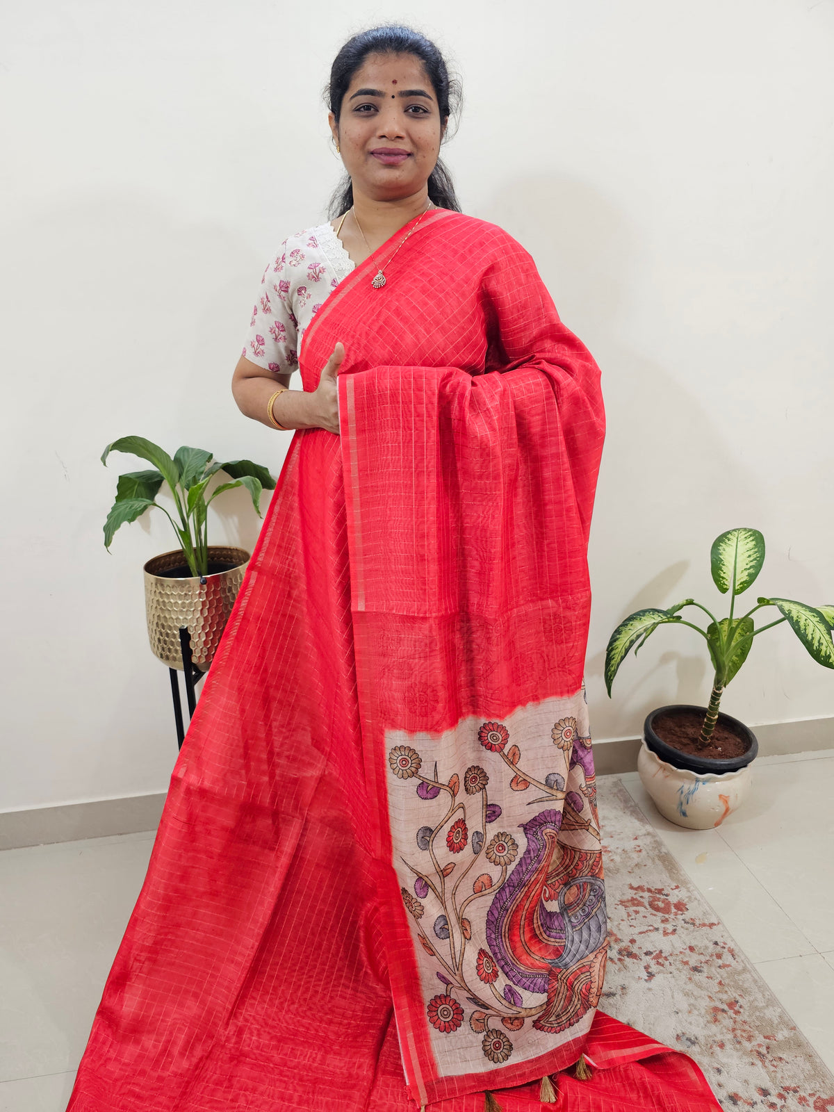 Chanderi Saree with Zari Border - Red