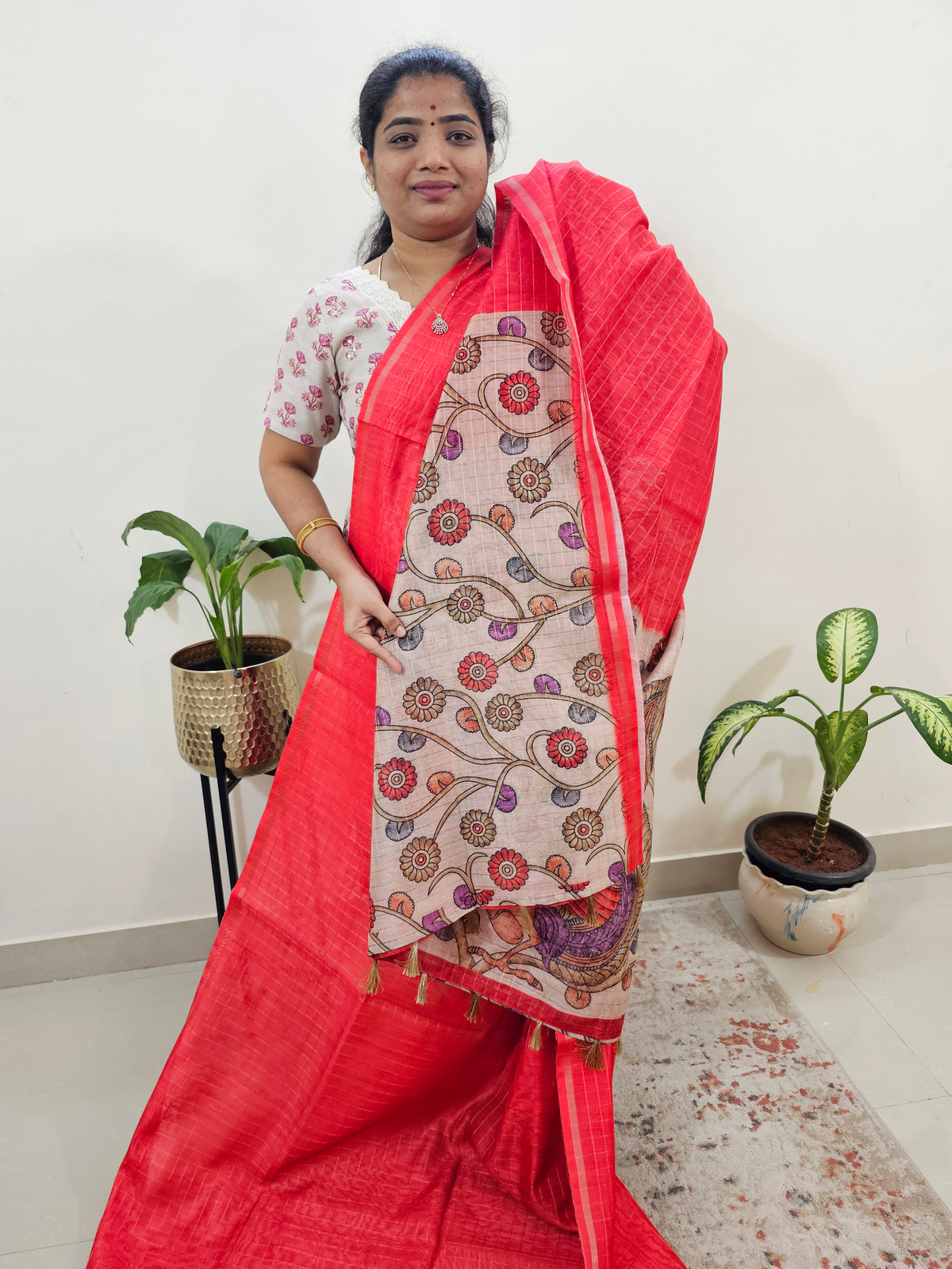 Chanderi Saree with Zari Border - Red