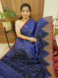 Temple Border Kanjivaram Pattern Pure Handloom Soft Silk Saree - Dark Blue with Maroon