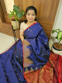Temple Border Kanjivaram Pattern Pure Handloom Soft Silk Saree - Dark Blue with Maroon