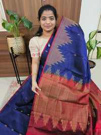 Temple Border Kanjivaram Pattern Pure Handloom Soft Silk Saree - Dark Blue with Maroon