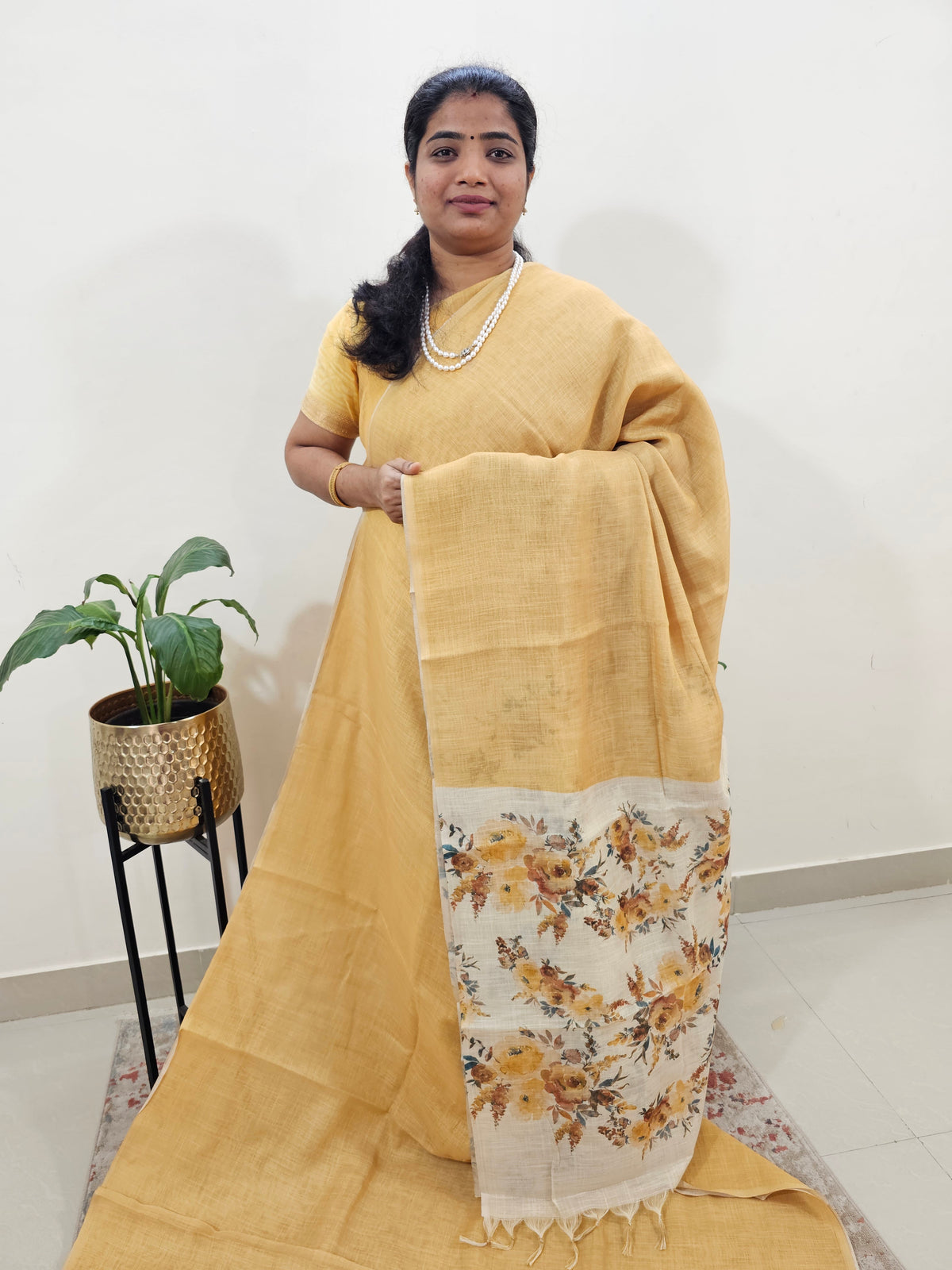 Linen Tissue with Digital Printed Sarees - Yellow