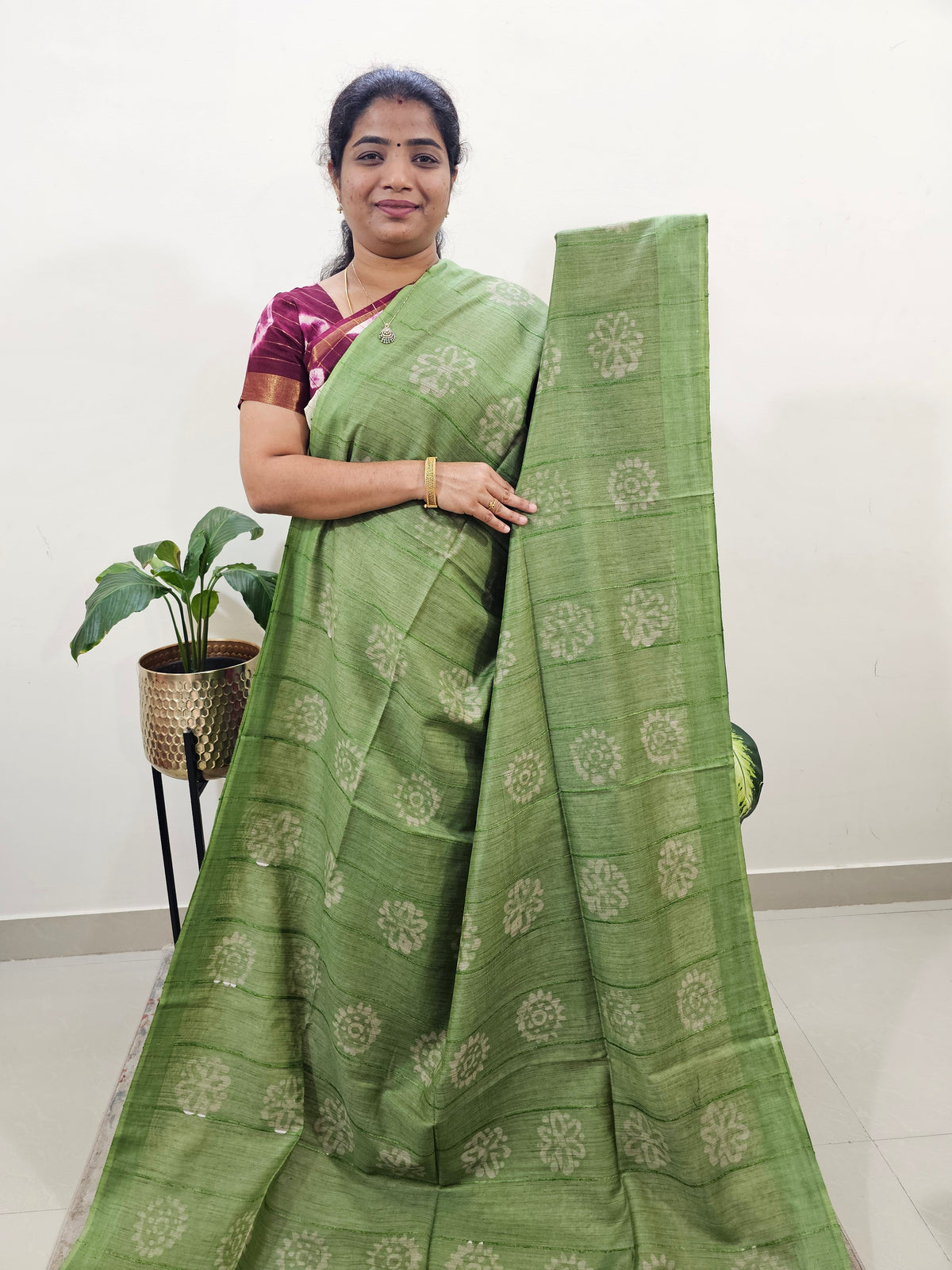 Bhagalpuri with Batik Print - Green with Grey