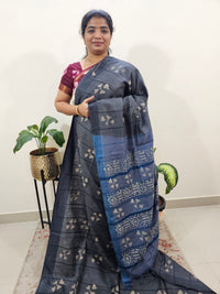 Bhagalpuri Zari Weaving with Batik Print - Grey with Blue