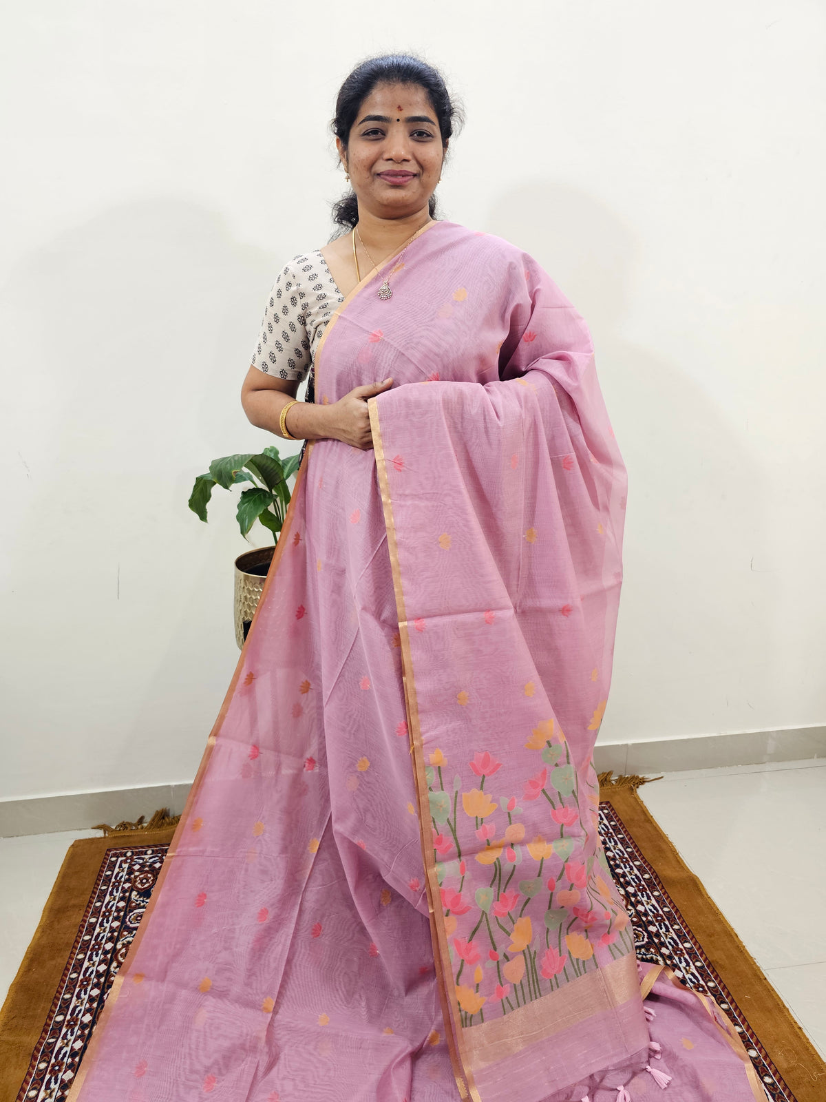 Semi Kota Doria with Jamdani Saree - Pink