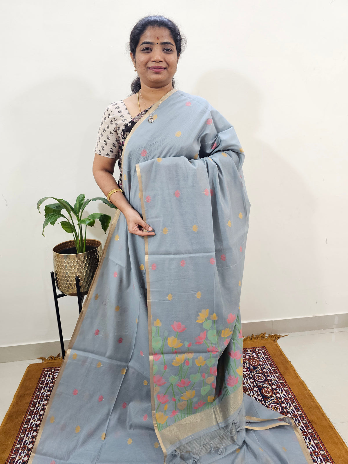 Semi Kota Doria with Jamdani Saree - Grey
