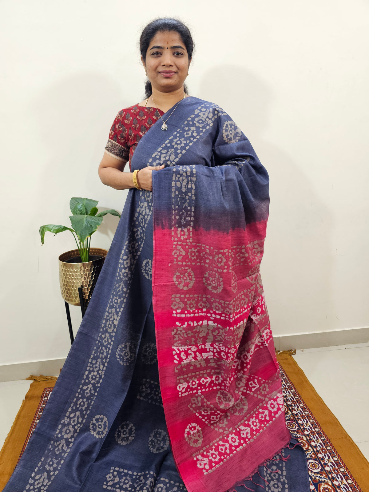 Bhagalpuri with Batik Print - Blue with Pink
