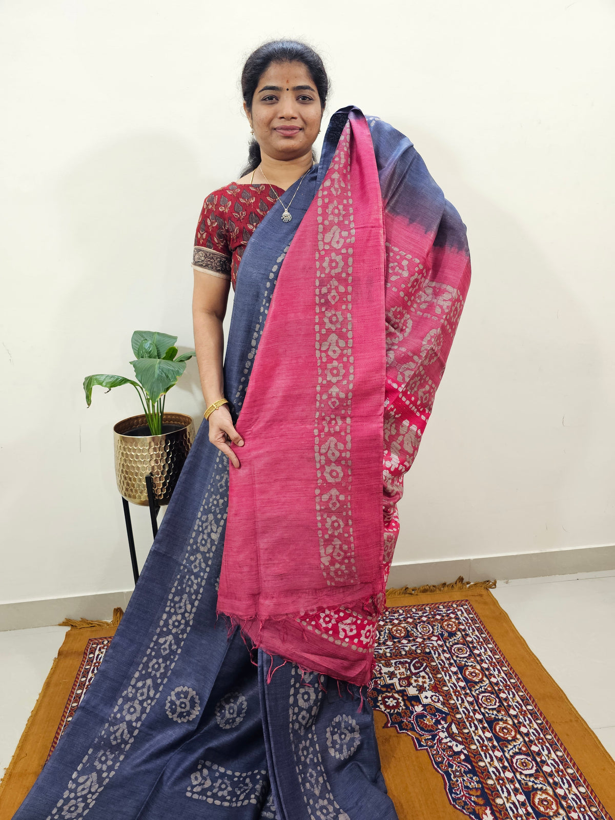 Bhagalpuri with Batik Print - Blue with Pink