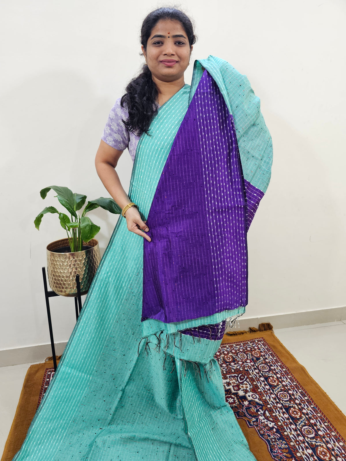 Semi Raw Silk Saree - Sea Blue with Purple