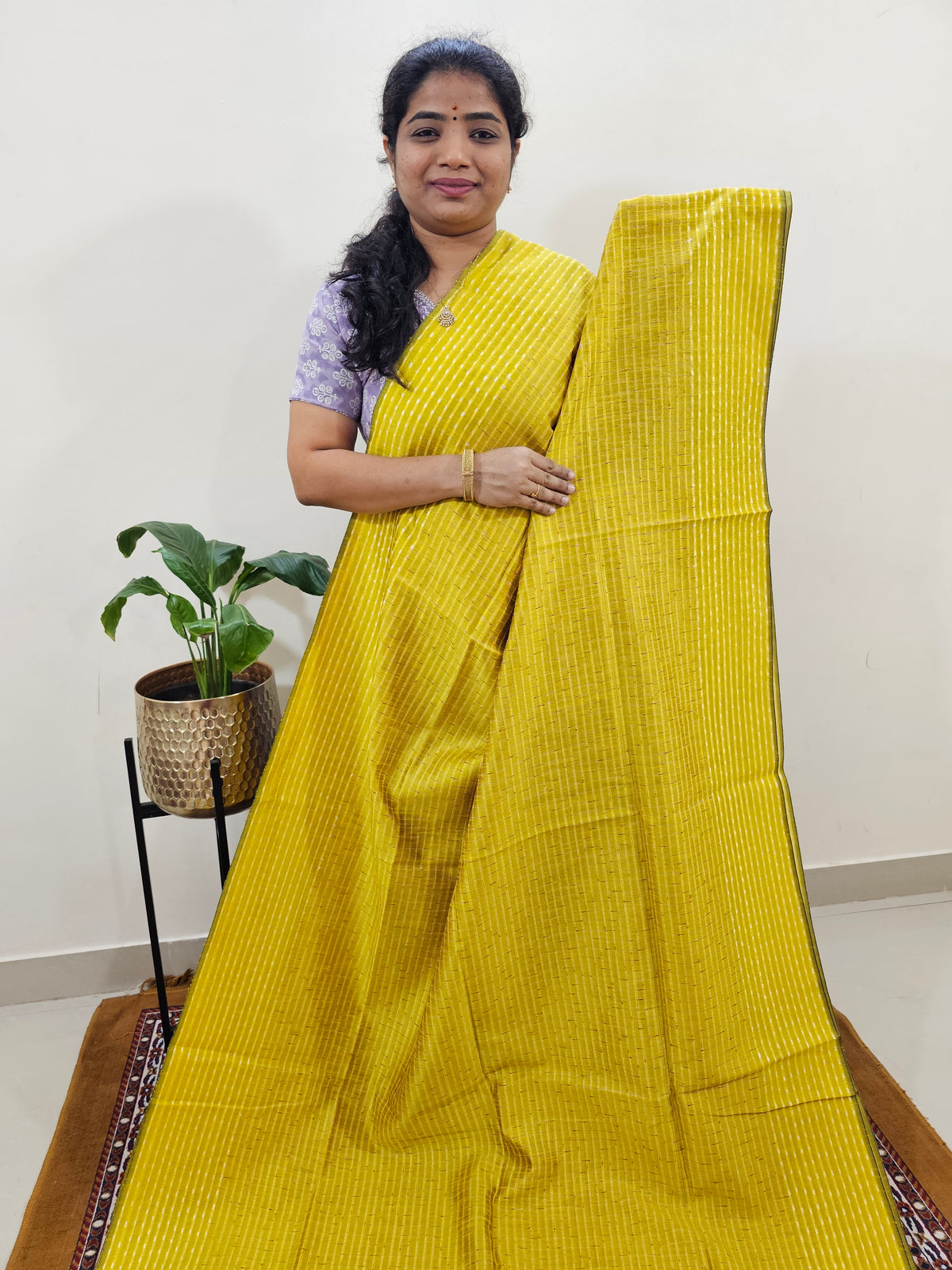 Semi Raw Silk Saree - Yellow with Black