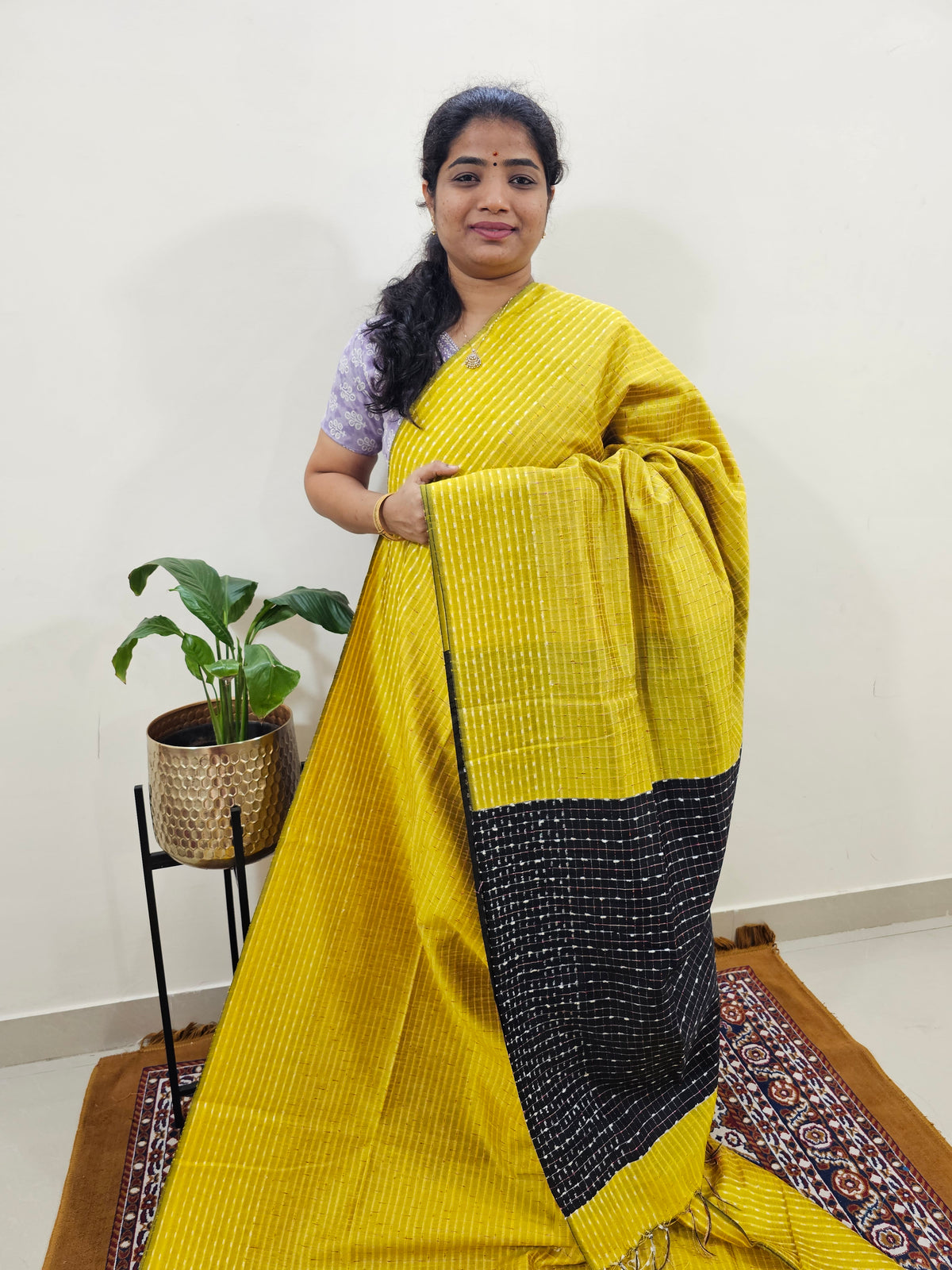 Semi Raw Silk Saree - Yellow with Black