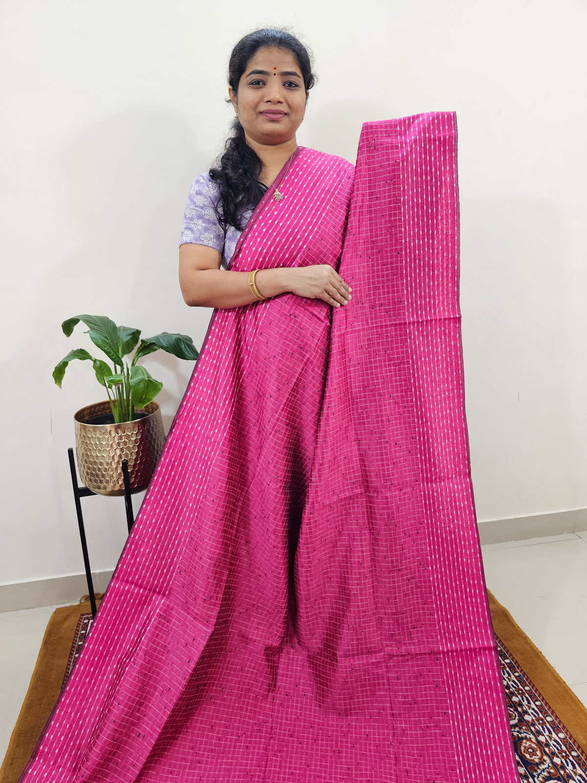 Semi Raw Silk Saree - Pink with Blue