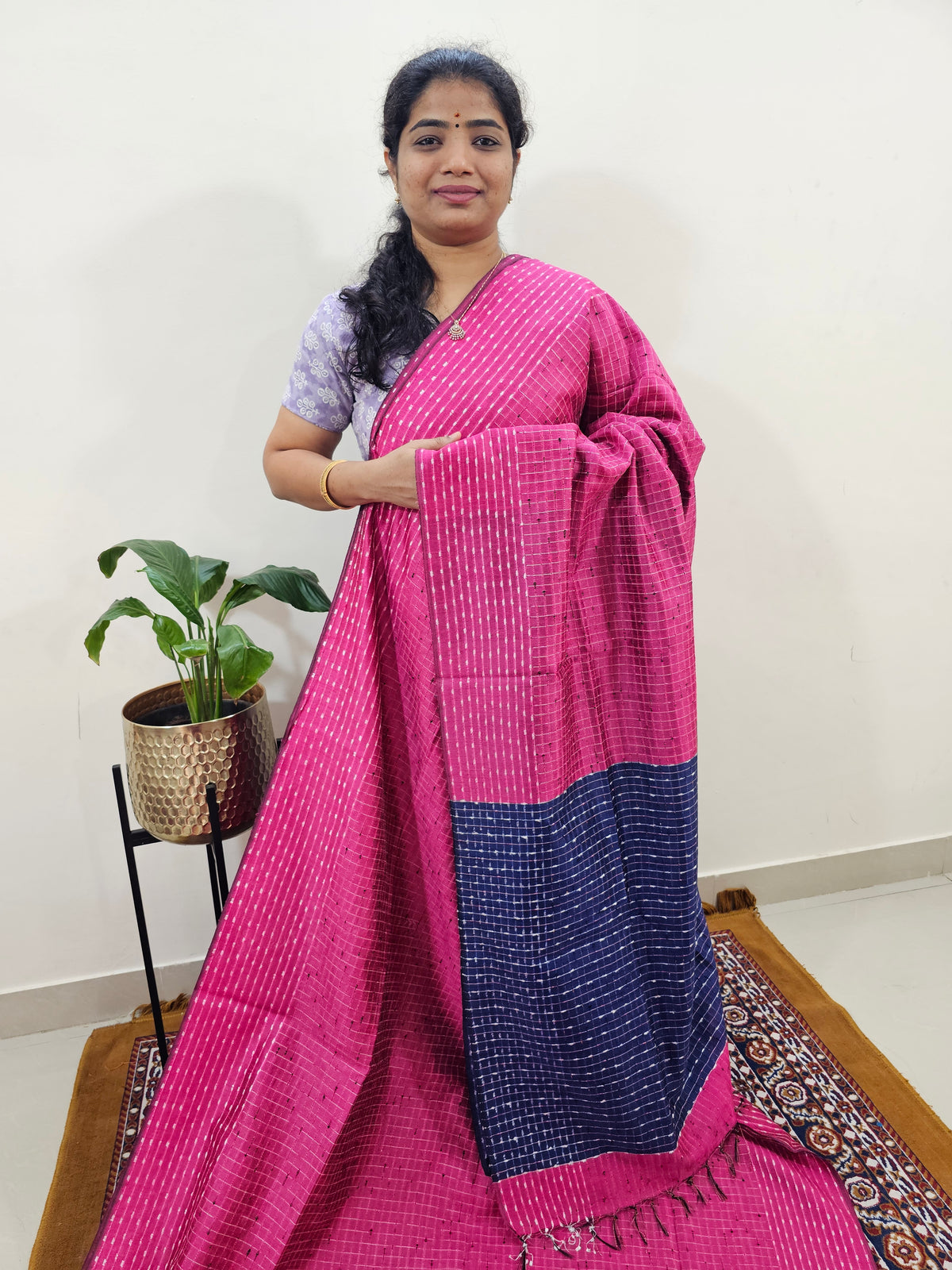 Semi Raw Silk Saree - Pink with Blue