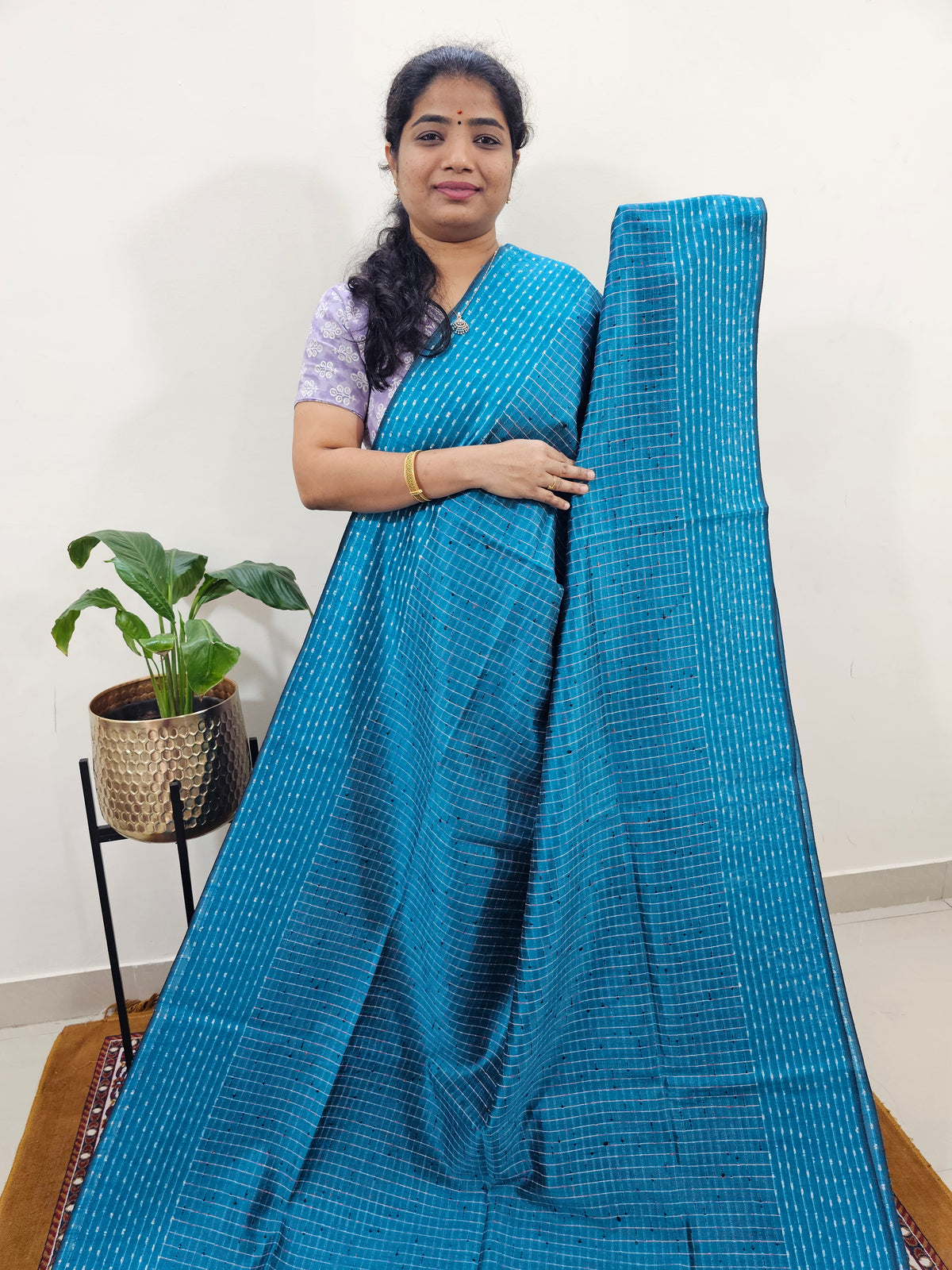Semi Raw Silk Saree - Peacock Blue with Magenta Pink