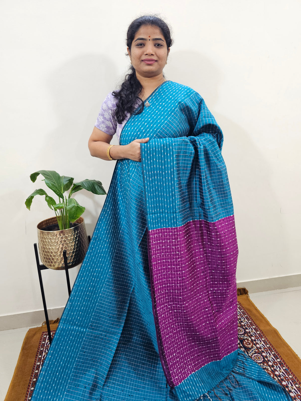 Semi Raw Silk Saree - Peacock Blue with Magenta Pink