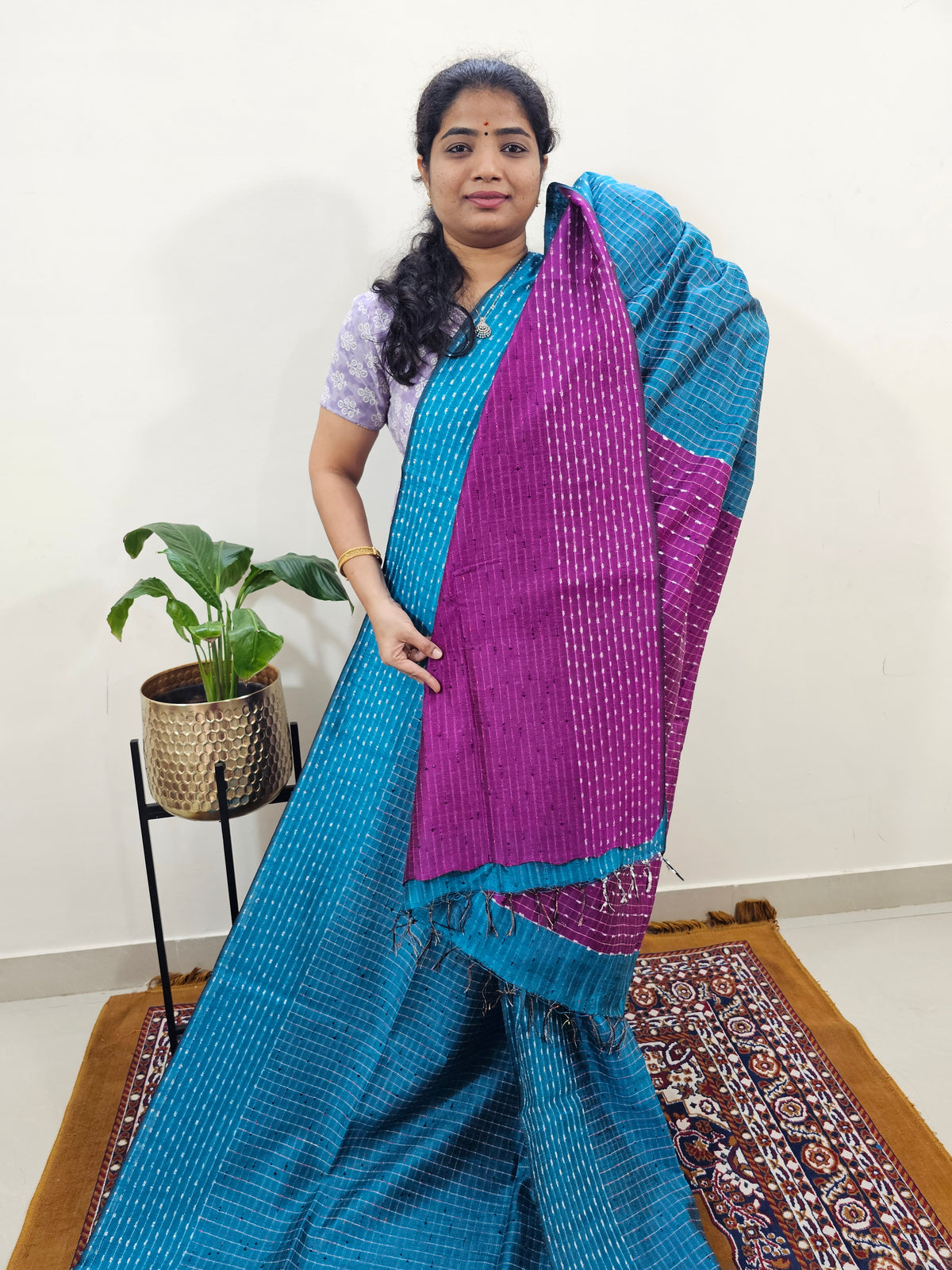 Semi Raw Silk Saree - Peacock Blue with Magenta Pink