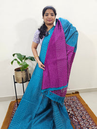 Semi Raw Silk Saree - Peacock Blue with Magenta Pink